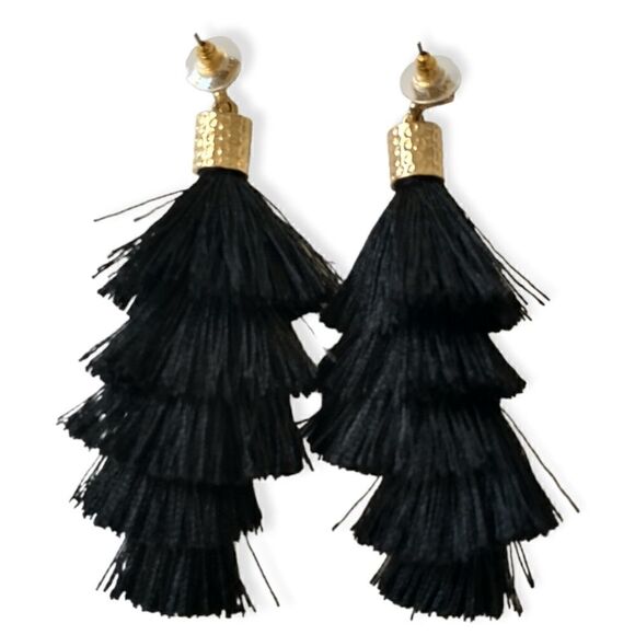 Black Tassel Dangle Earrings Witchy Gold Tone Lightweight Gypsy Boho Hippie Goth - Picture 8 of 16
